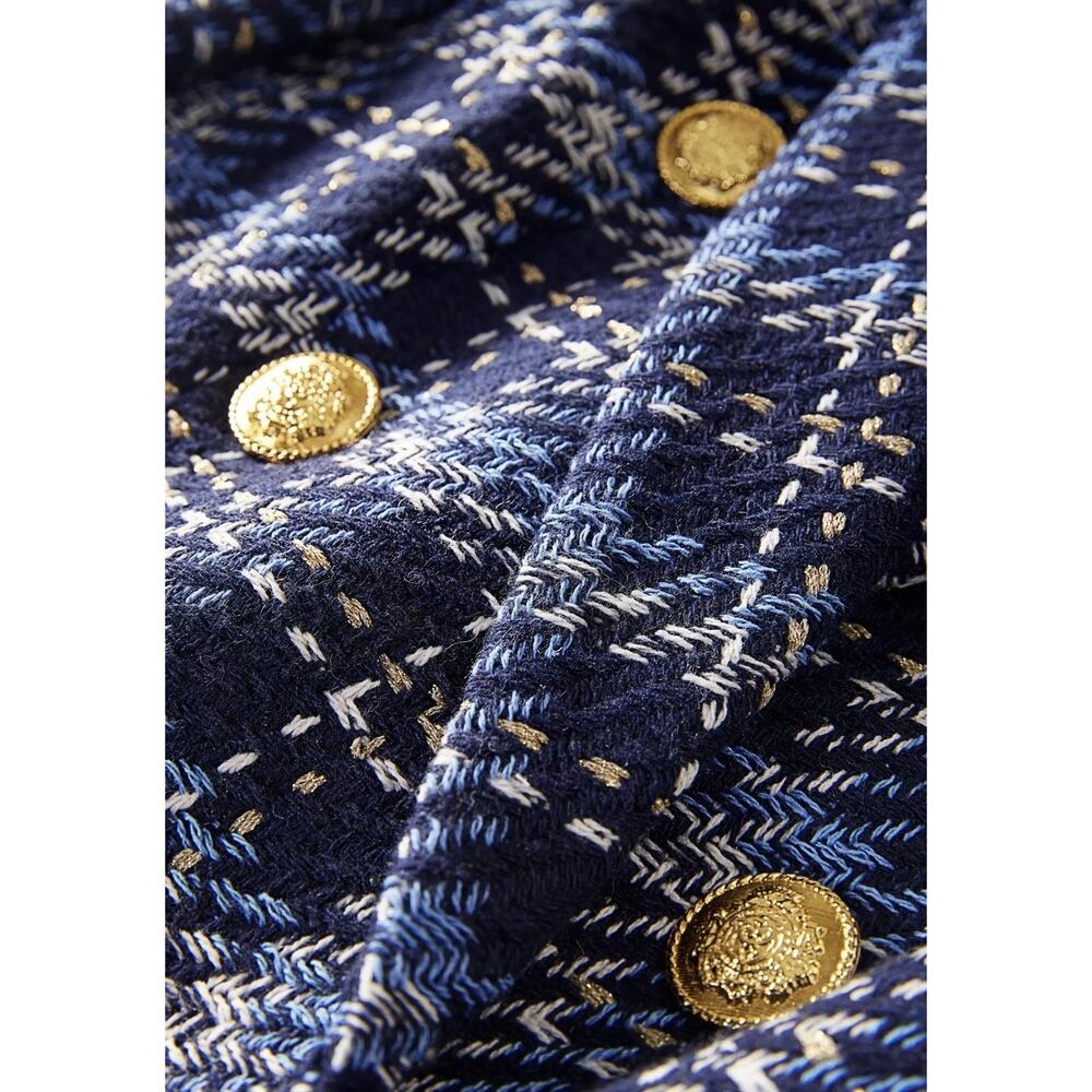 Boston Proper Blazer Womens Size 10 Blue Plaid Tweed Gold Button Double Breasted - Picture 9 of 13